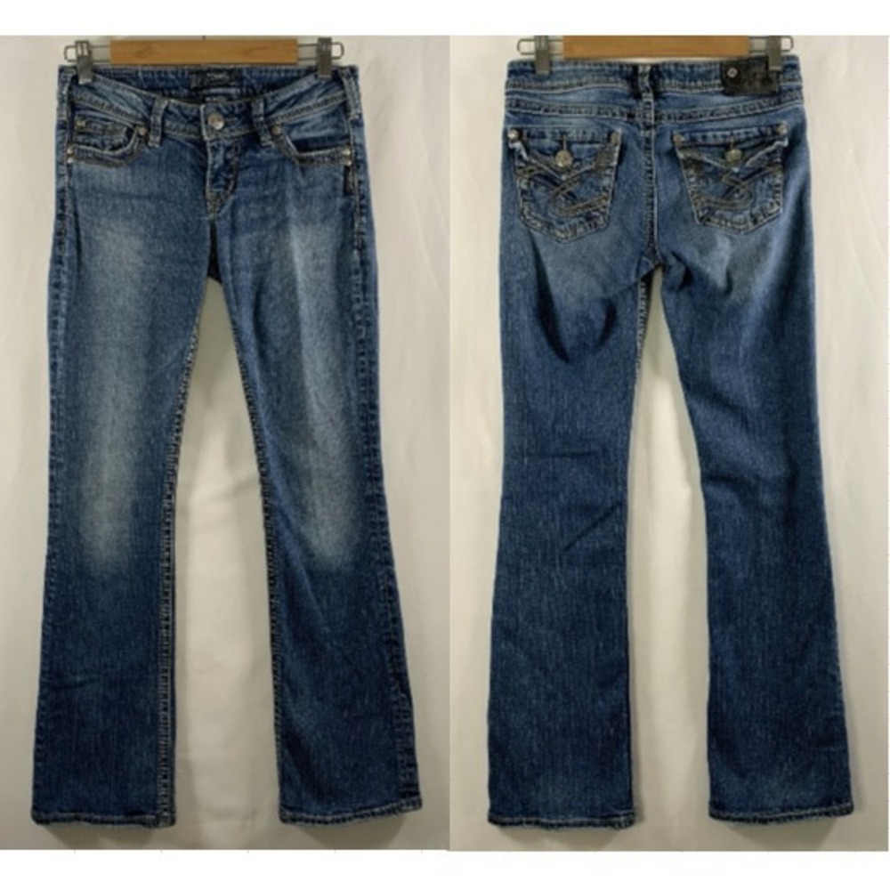Silver Womens Pioneer Low Rise Jean  W 26 L 31 Flap Pockets Y2K McBling Cowgirl